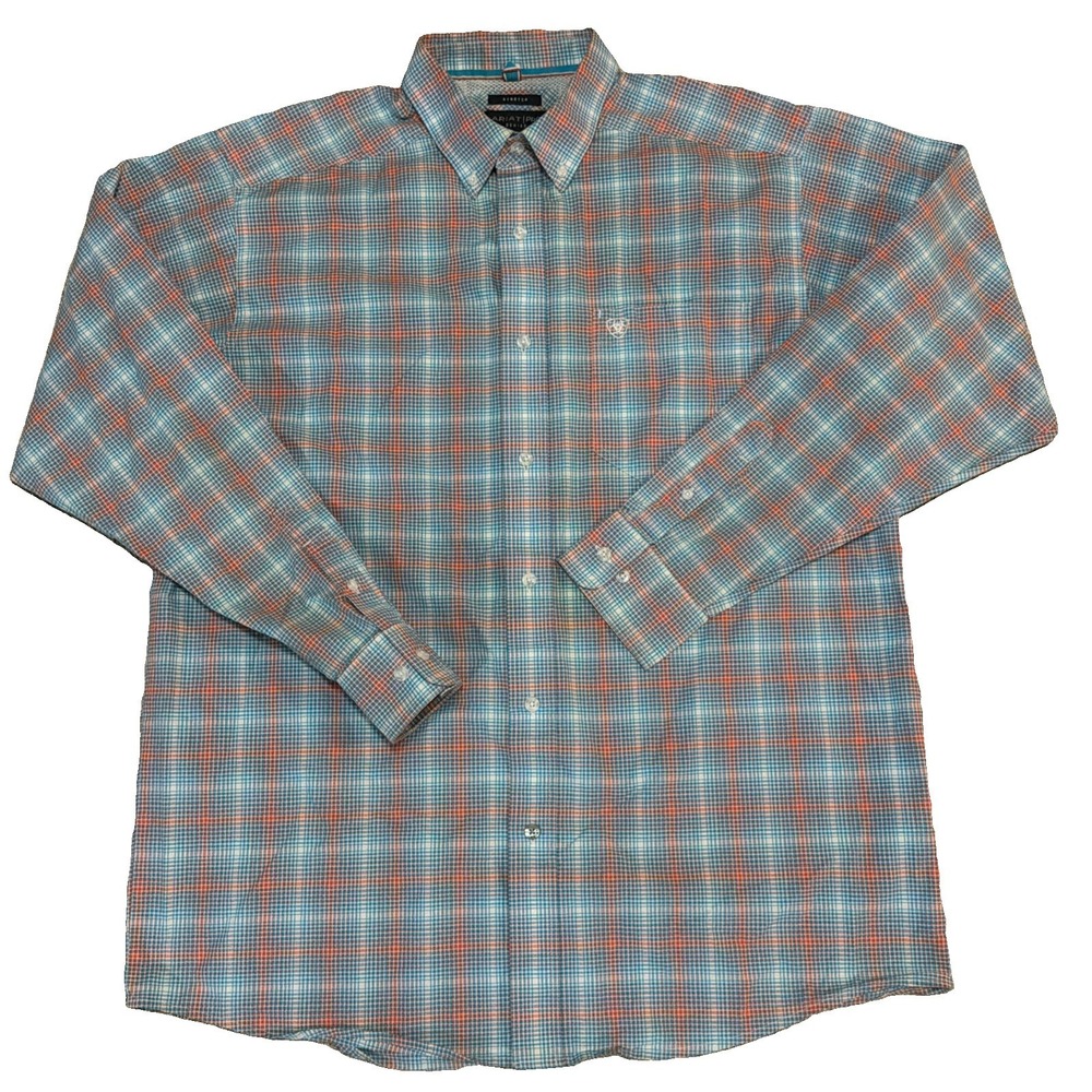Ariat Pro Series Men L Tattersall Plaid Long Sleeve Shirt Logo Vented Rodeo Work